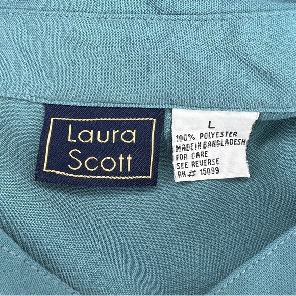 Large Vintage Laura Scott Teal Blue Long Sleeve Button Down Top Roll Tab - Picture 7 of 9